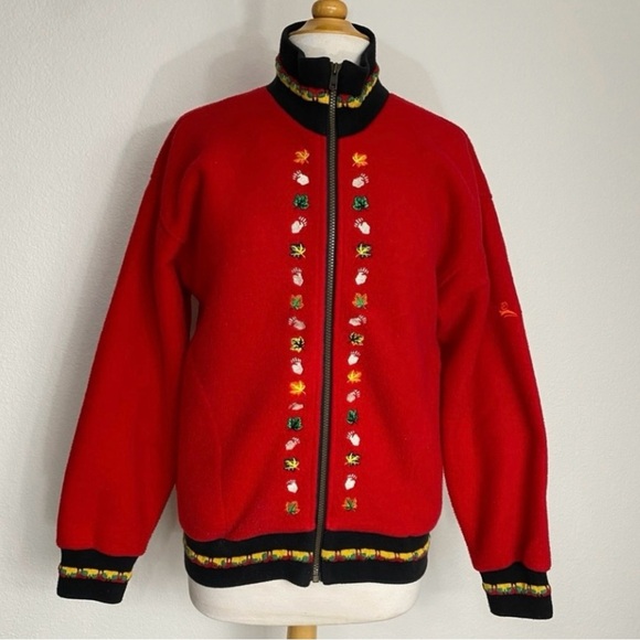 Vintage Jackets & Blazers - Vintage Red Embroidered Autumn Oversize Fleece Zip Jacket Size XS/S Outdoor Cozy